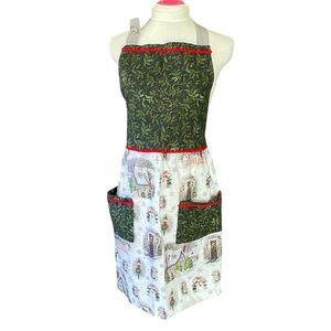 Handmade Pinafore Apron Christmas Holiday White with Winter Scene Pockets
